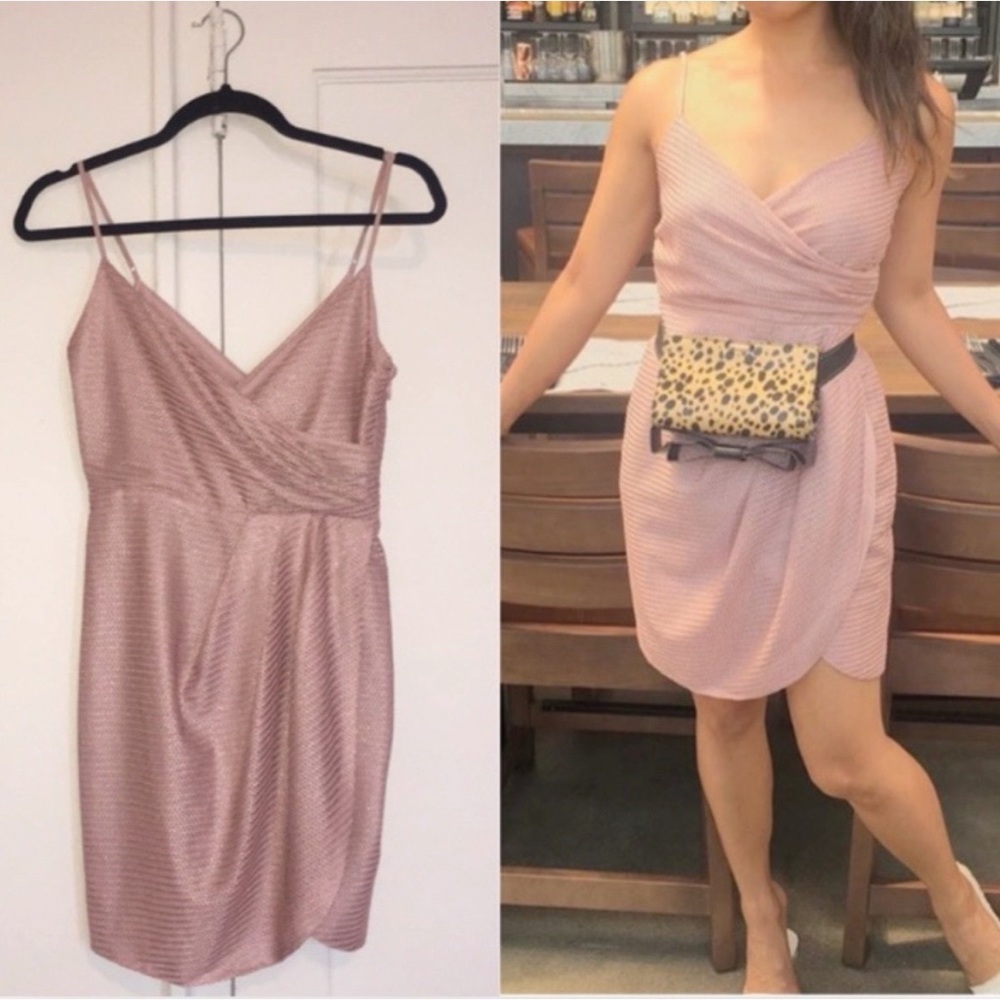 UO silence + noise pink metallic mesh surplice faux wrap dress